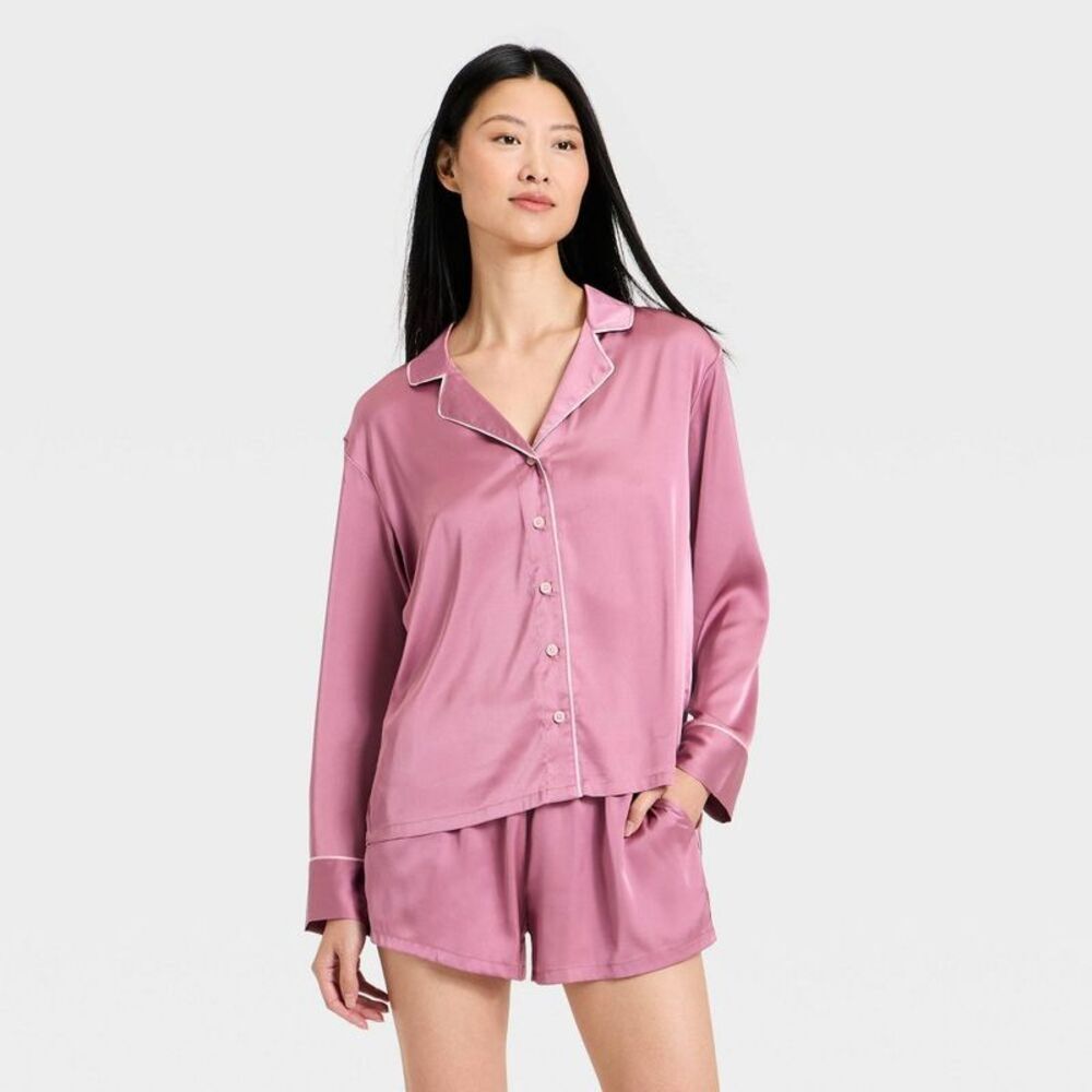 Women's Satin Notch Collar Long Sleeve Shirt and Shorts Pajama Set - Pink L